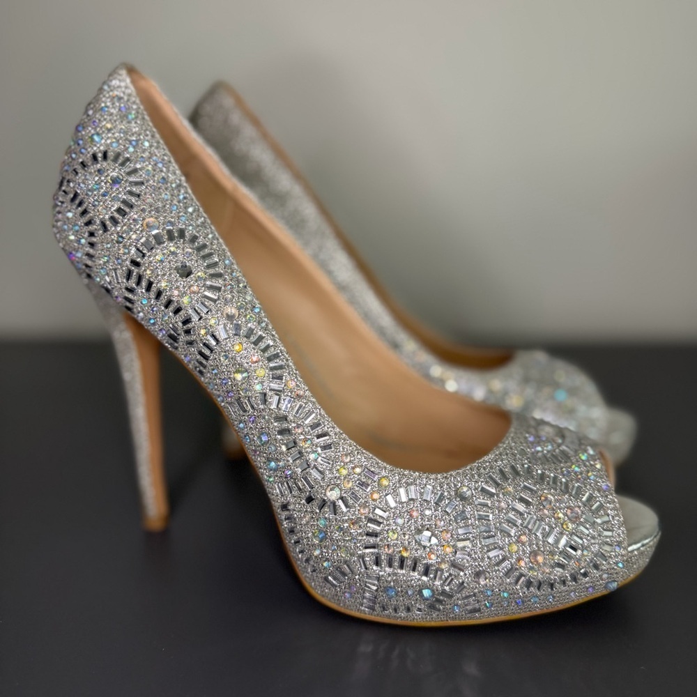 Lauren Lorraine Embellished Heels Women’s Size 9 Silver Rhinestone Peep